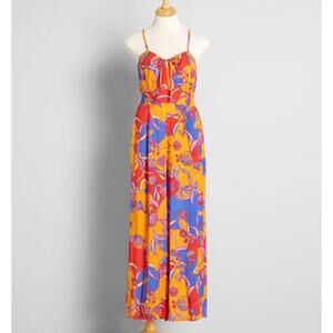 Mod Cloth Women's For The Love of Festival Floral Jumpsuit Size 4 Orange Blue